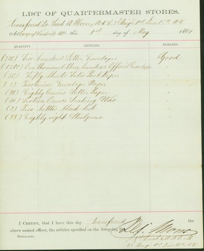Elenco degli oggetti trasferiti al tenente A. Horn da H. F. Mons